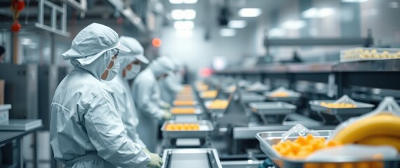 Obraz premium Workers in a food processing plant carefully sort and package produce on a conveyor belt. Maintaining hygiene and quality control.