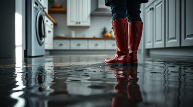 Flooded kitchen floor; person in red boots surveying the damage. Water damage and home emergency.