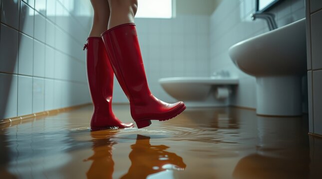 Red boots wading through floodwater in a bathroom. Water damage and home emergency concept.
