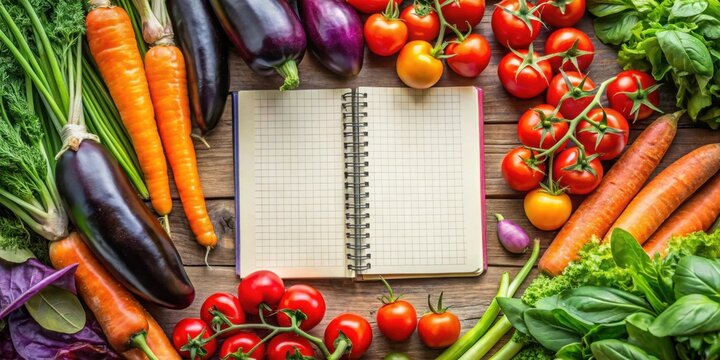 A Blank Recipe Book Surrounded by Fresh, Vibrant Vegetables Ready for Culinary Inspiration