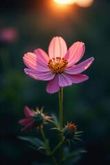 Fototapeta premium Gentle evening light falls on a delicate flower, dark colors, evening light, floral