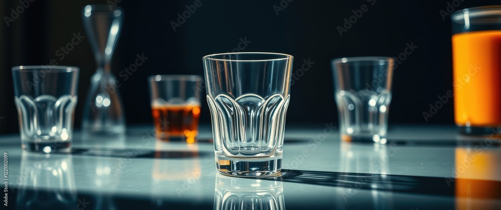 Poster empty and full glasses on a table, reflecting light. a sophisticated and minimalist bar setting. per