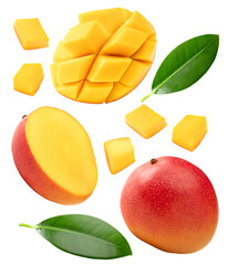 flying mango with slices and green leaves isolated on white background. clipping path