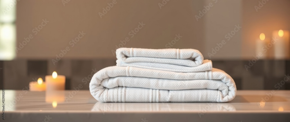 Poster soft white towels neatly stacked on a marble surface, creating a spa-like atmosphere. candles softly