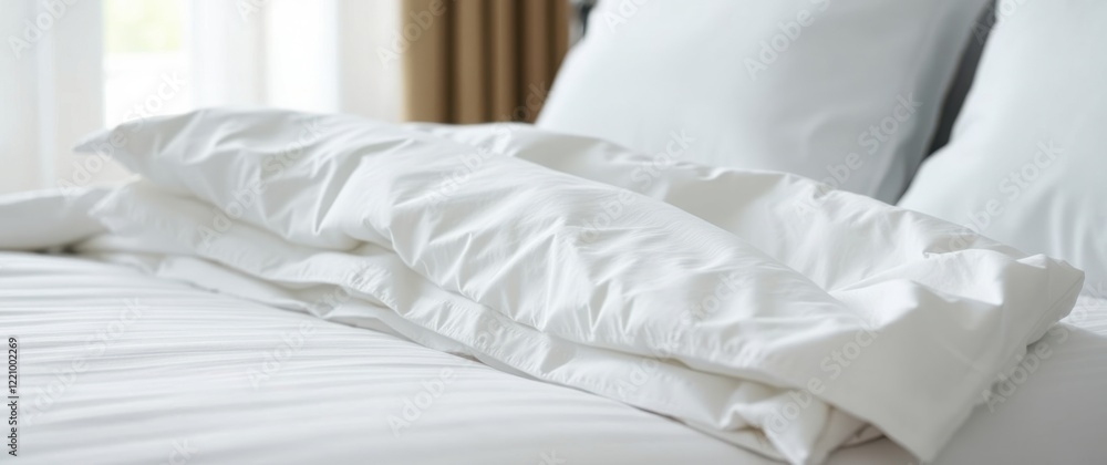 Poster crisp white bedding on a neatly made bed. perfect for a restful night's sleep, creating a sense of c