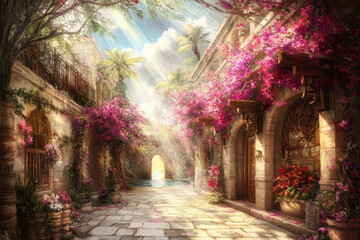 Obraz premium Sunlit Mediterranean Street Art Print with Pink Bougainvillea