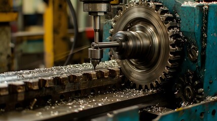Closeup View of Gear Being Machined on CNC Milling Machine in Industrial Workshop