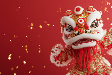 Obraz premium Elegant lion dancer in intricate gold and red costume leaps against a background 