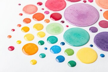 A cluster of watercolor shapes in varying sizes and colors scattered across a pure white expanse, watercolor shapes, geometric arrangement, abstract design