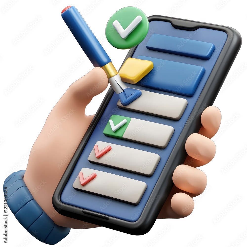 Poster Playful 3D cartoon design of a hand checking off items on a smartphone checklist with colorful UI interface elements  Concept of digital organization task management and mobile productivity tools