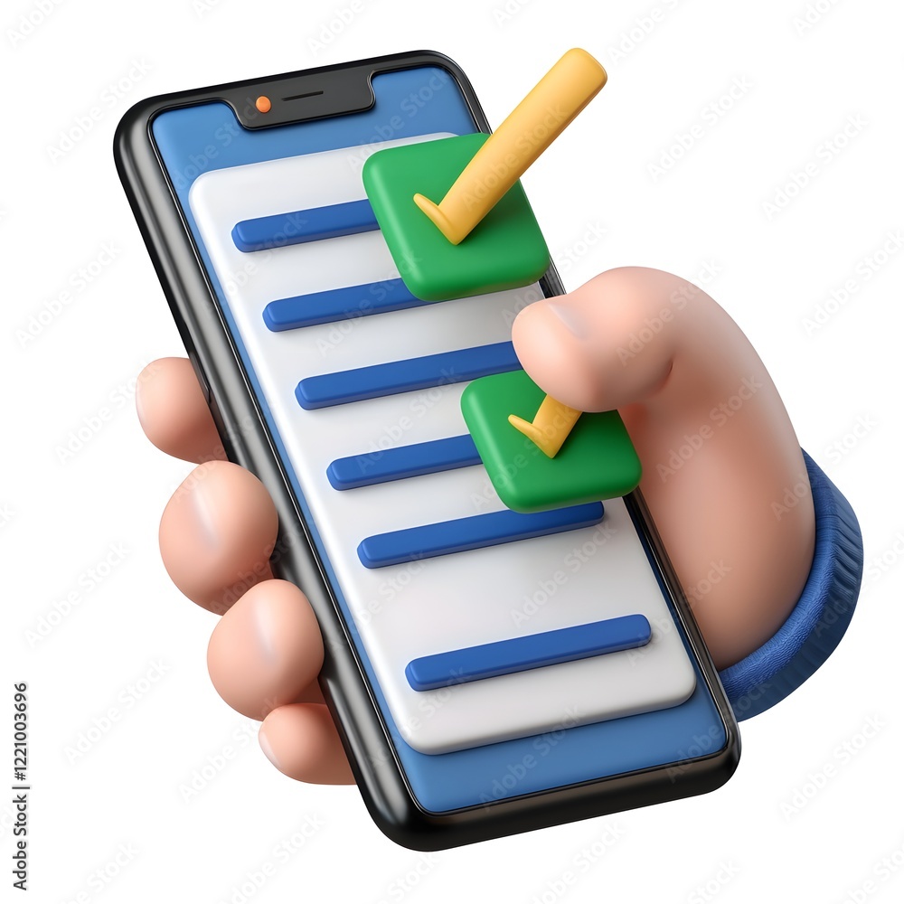 Leinwandbilder engaging 3d cartoon design of a hand swiping through a to do list on a smartphone with progress bars