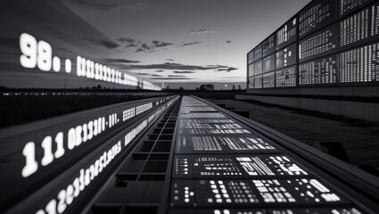 Abstract Display of Illuminated Data Panels in a Futuristic Landscape