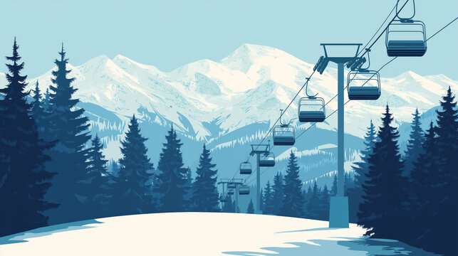 Beautiful ski resort in snowy mountains, ski lift, minimalist flat illustration, vector art poster, ski poster, Ultra-high resolution