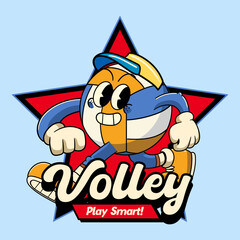 Happy Volleyball Sport mascot and slogans cartoon character in Vintage Style