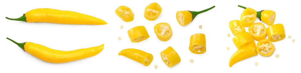 sliced yellow hot chili peppers isolated on white background clipping path