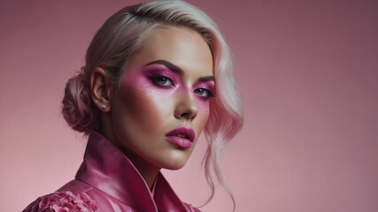 Fototapeta premium Stylish blonde model with vibrant pink makeup and a pink leather jacket, posing against a soft pink background.