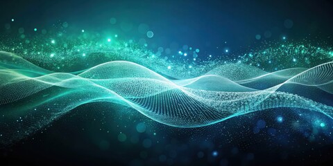 Abstract Teal Wave Background with Sparkling Dust Particles and Glowing Lights