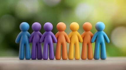 Diverse group of colorful abstract human figures representing a collaborative corporate team engaged in inclusive decision making and leadership within a vibrant supportive office environment