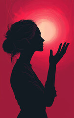Silhouette's Solitude: Captivating silhouette of a woman facing the sun, set against a vibrant red backdrop, evokes feelings of introspection, contemplation, and the beauty of solitude.