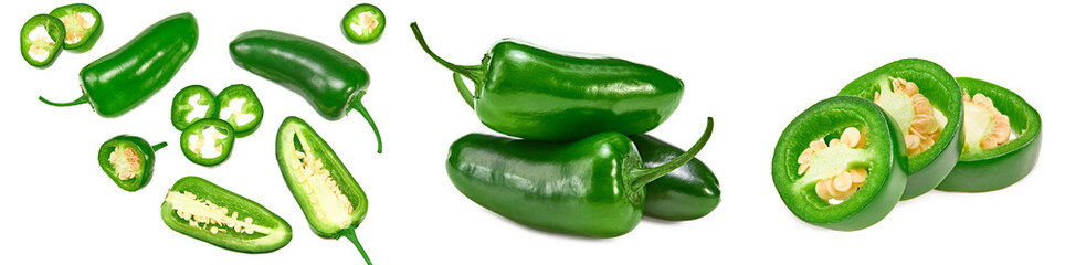 sliced jalapeno peppers isolated on white background. Green chili pepper. Capsicum annuum. top view