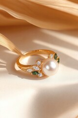 Bold pearl ring adorned with shimmering green crystals resting elegantly on a soft neutral surface