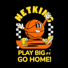 Happy Basketball Sport mascot cartoon character in Vintage Style