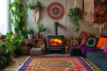 Cozy Bohemian Living Room with Wood Burning Stove