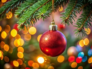 Sparkling Red Christmas Ornament Close-up on Festive Tree Branch