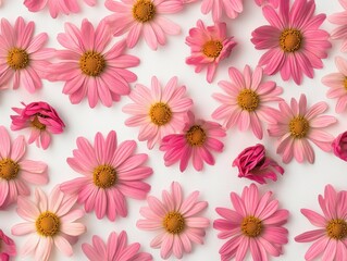 Scattered Pink Daisy Flowers and Buds with Yellow Centers on a White Background