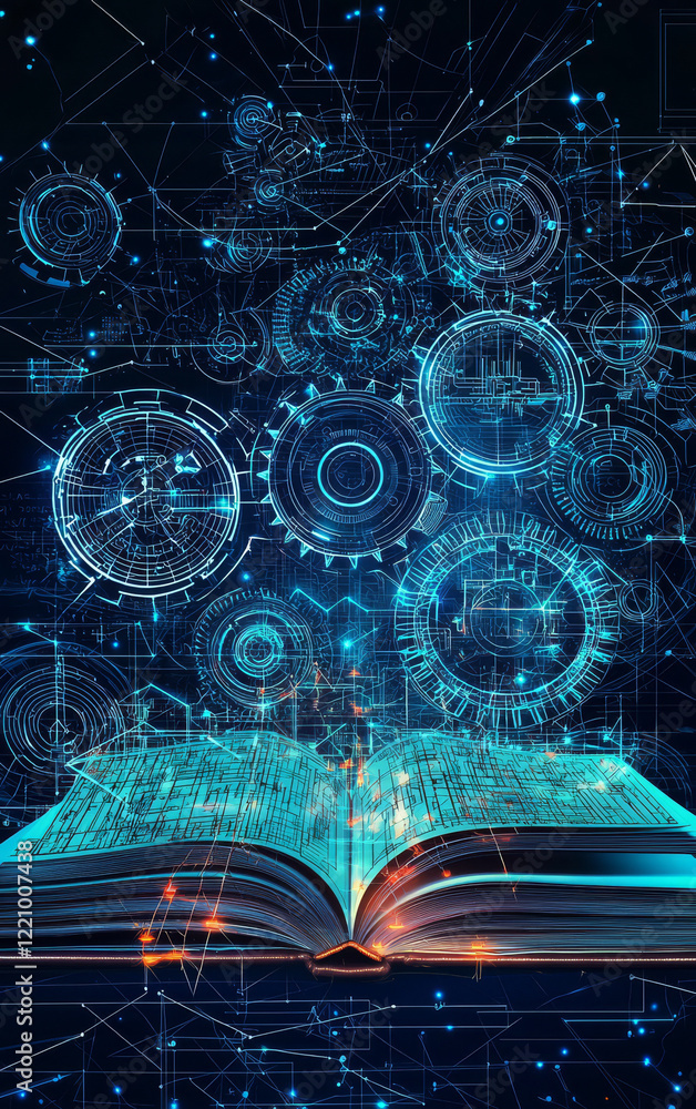 Poster the knowledge frontier: an open book symbolizes knowledge and wisdom, from which a complex network o