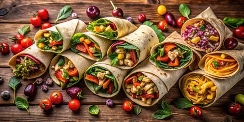 Assorted Savory Wraps with Fresh Vegetables and Herbs on Rustic Wooden Surface