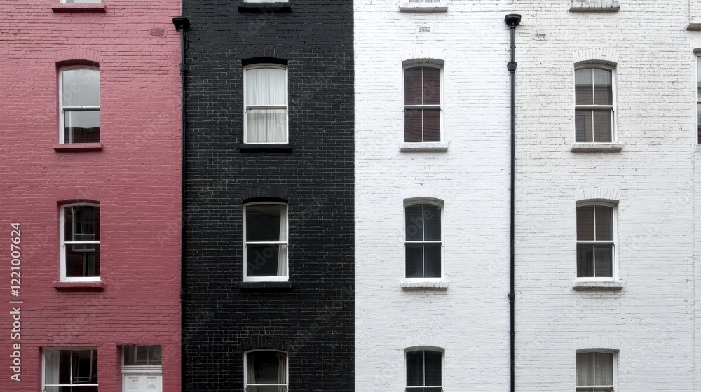 Poster a row of three buildings with two of them being white and one being red