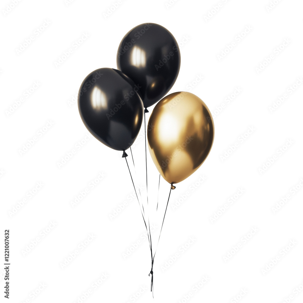 Poster a cluster of three shiny balloons two black and one gold floats against a black background.