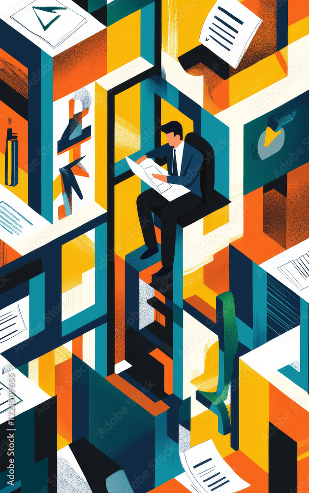 Poster navigating data maze: a modern and abstract illustration, depicting a person immersed in data analys