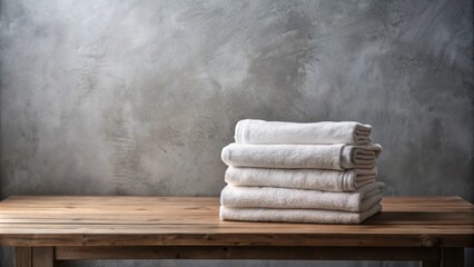 A neat stack of fresh, fluffy white towels rests on a rustic wooden table against a textured grey wall, suggesting cleanliness and comfort