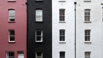 Fototapeta premium A row of three buildings with two of them being white and one being red