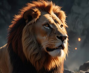 Fototapeta premium A lion's fiery breath illuminates its surroundings, glowing flames, blazing creature, intense animal