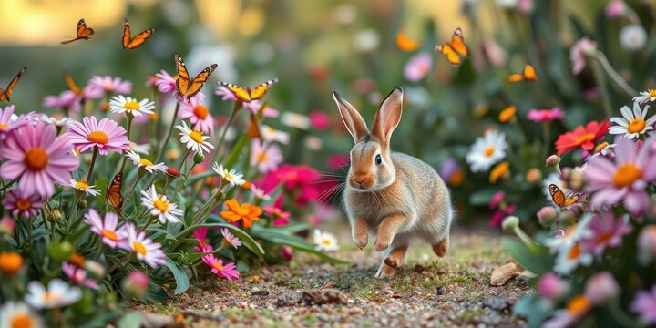 A little bunny hopping through a garden filled with blooming flowers and butterflies flying around it, stems, blooms, rabbits