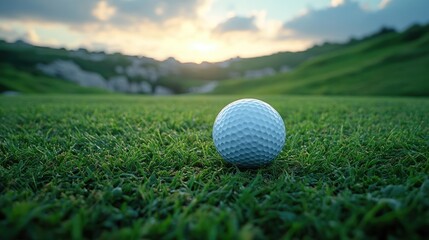 A close-up of a white golf ball resting on lush green grass,