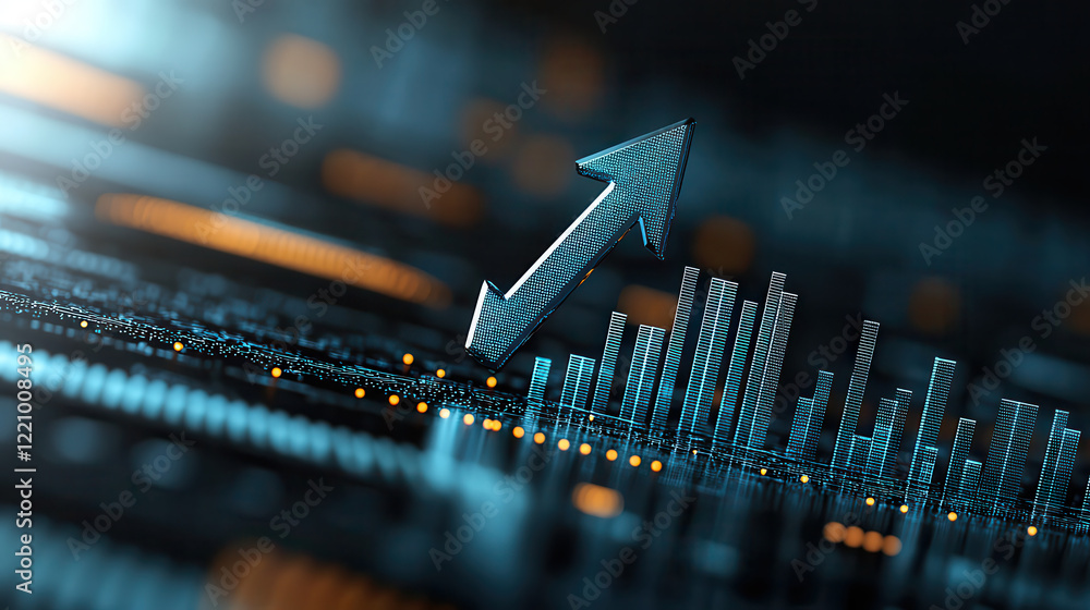 Poster 3D dark blue arrow pointing upwards with bar chart, symbolizing growth and progress in data analysis. image conveys sense of optimism and upward momentum in business