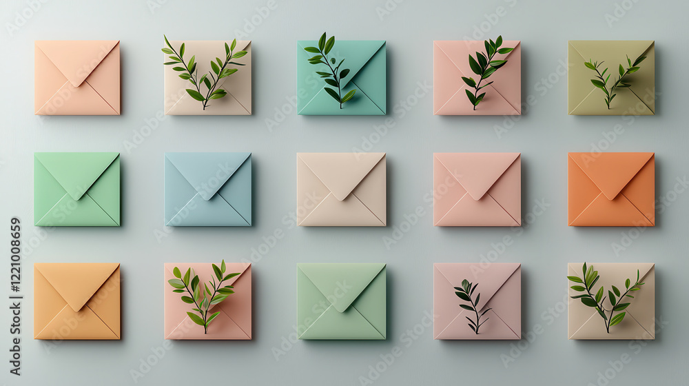 Poster Pastel colored envelopes arranged in grid with greenery accents create serene and inviting atmosphere. Perfect for invitations or stationery design