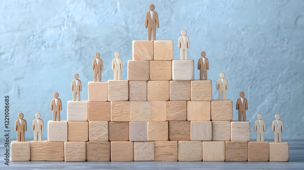 Poster diverse group of individuals represented on a pyramid of stacked wooden blocks symbolizing teamwork 