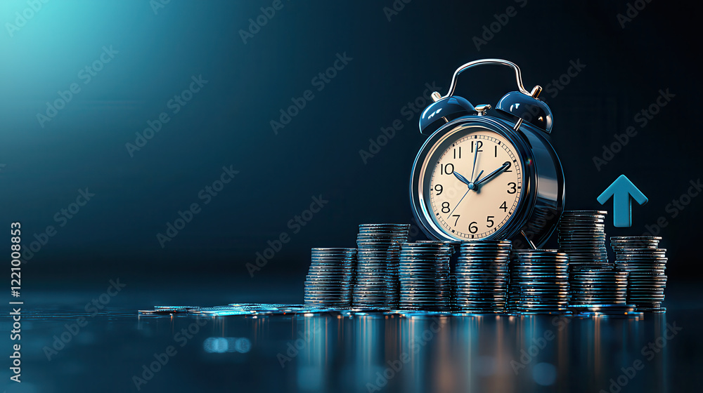 Poster classic style alarm clock sits atop stack of coins, symbolizing relationship between time and money.