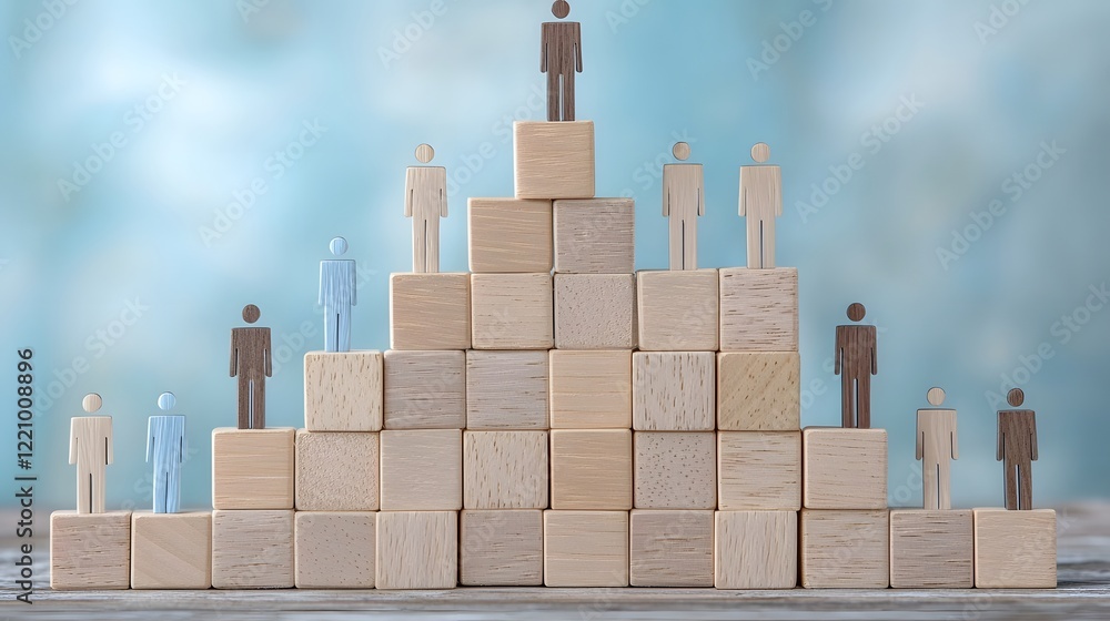 Aufkleber Conceptual image of a pyramid like structure made of wooden blocks featuring diverse people icons emphasizing the themes of collaborative efforts within a business or organizational context