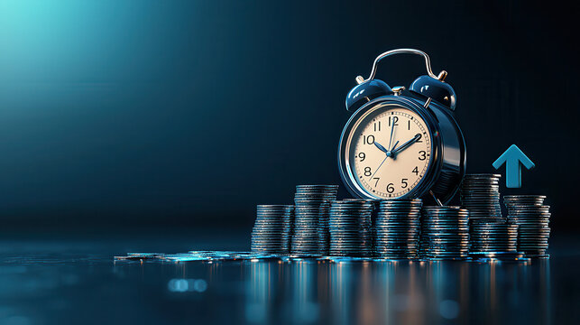 classic style alarm clock sits atop stack of coins, symbolizing relationship between time and money. image conveys sense of urgency and financial growth