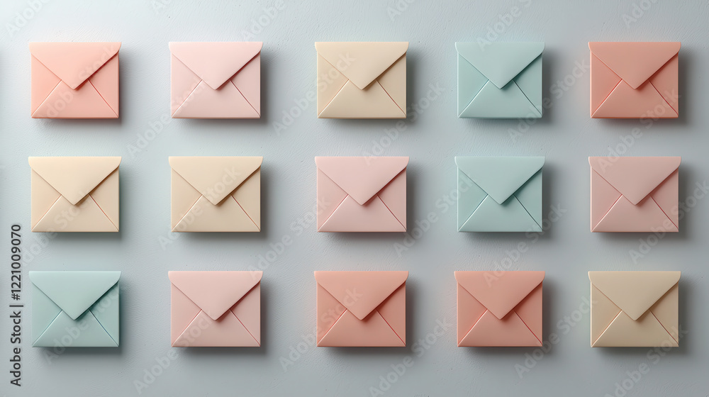 Leinwandbilder Pastel colored envelopes arranged in grid pattern, showcasing variety of soft hues. This visually appealing design evokes sense of calm and creativity
