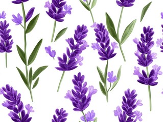 A Seamless Pattern of Light Purple/Purple Lavender Sprigs on a White Background
