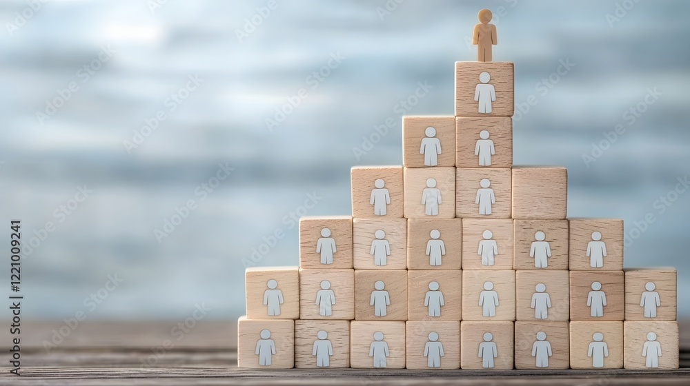 Poster Wooden Block Pyramid with Diverse Icons Symbolizing Teamwork Unity and Empowerment in a Successful and Inclusive Corporate Environment