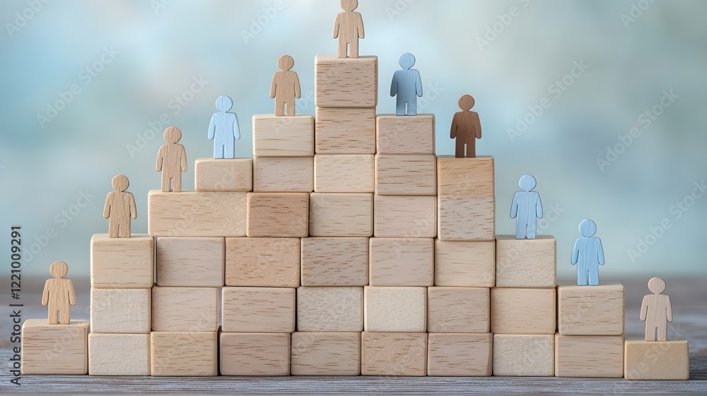 Poster wooden blocks pyramid with multicultural icons symbolizing successful diverse team unity and empower