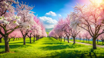 Fototapeta premium Spring Cherry Orchard Blossoms Tilt-Shift Miniature Landscape Photography